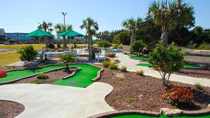 Un campo de mini golf con césped artificial verde, un sendero serpenteante y varias palmeras.