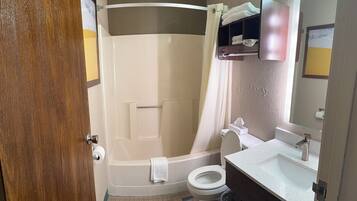Hair dryer, towels, soap, toilet paper