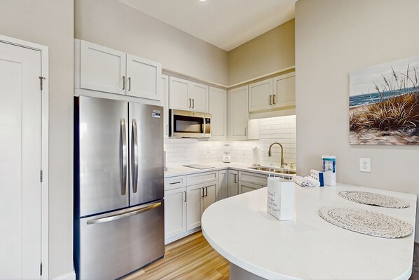 Fridge, microwave, stovetop, toaster