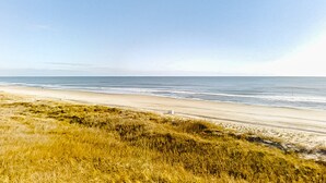 Een strand met een heldere lucht, zandstrand en grasduinen.