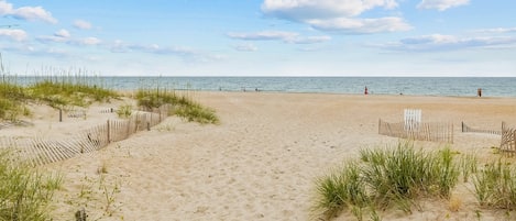 A sandy beach with a wooden fence and grass in the foreground.