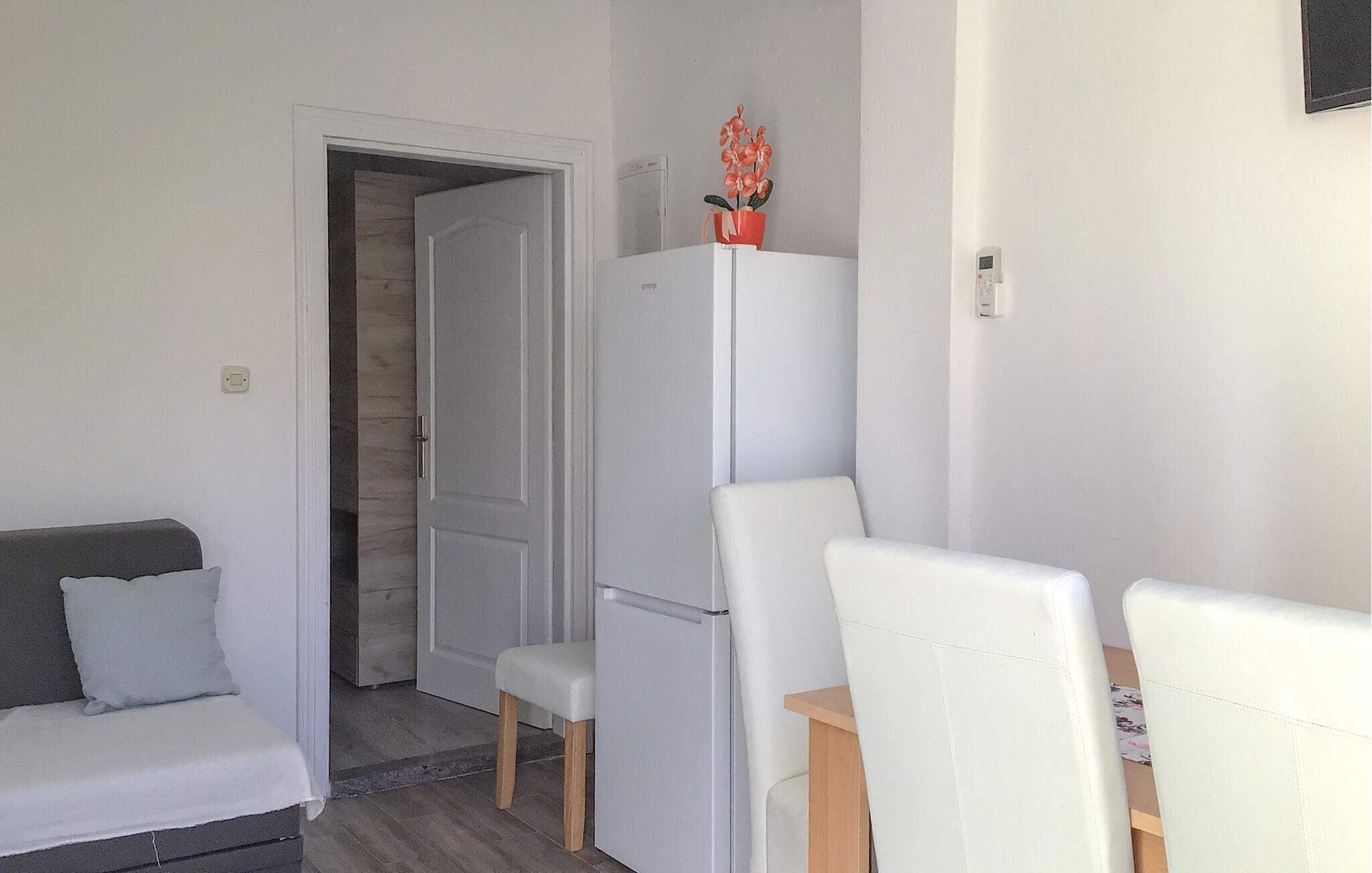 A compact living space with a kitchenette, a dining area with a table and chairs, and a small seating area with a sofa.