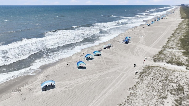 A beach with a row of beach umbrellas and a sandy shoreline. - Mermaid Cove:  Minutes to beach (Atlantic Beach)