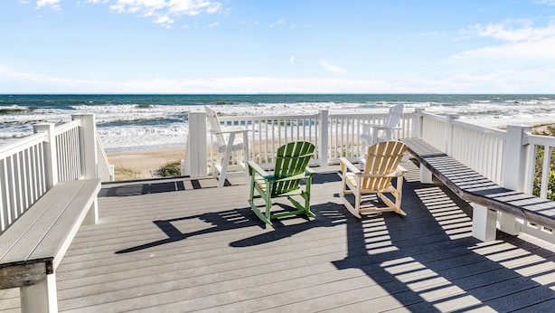 A wooden deck with two Adirondack chairs facing the ocean.