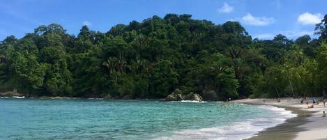 Una playa cerca, sillas reclinables de playa, toallas de playa