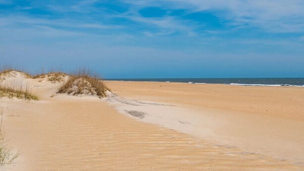 Una playa arenosa con dunas y un cielo azul despejado.