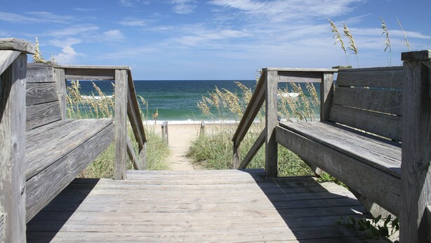 A wooden boardwalk leading to a beach with a clear view of the ocean. - FKA Kimogener Point - ocean views, WiFi, W/D, balcony, pool & beach access (Avon)