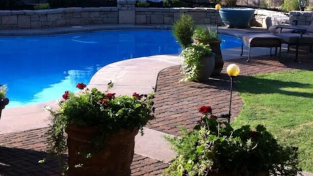 A backyard with a swimming pool, potted plants, and outdoor furniture. - Homestead Hideaway (Sentinel)