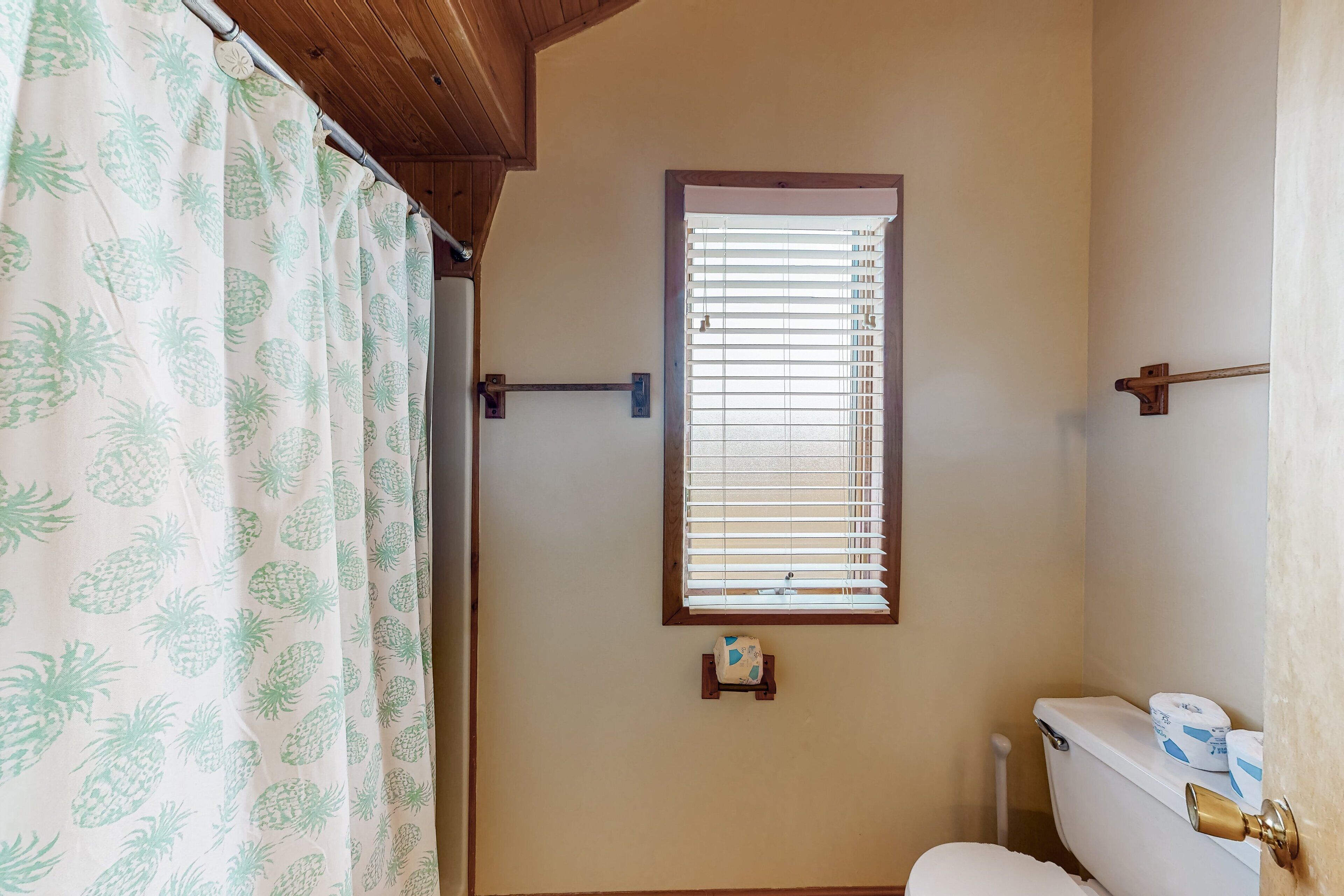 A bathroom with a window, toilet, and a towel rack.