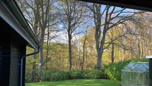 On aperçoit, depuis l’intérieur d’un garage, une cour arrière avec une pelouse bien entretenue, une serre et, au loin, une forêt dense.