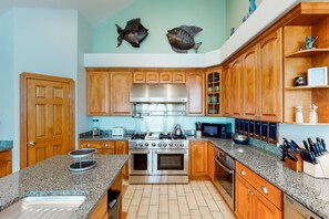 Fridge, microwave, oven, stovetop - Waterfront home with ocean views, private pool, hot tub, & Tesla/EV charger (Frisco)