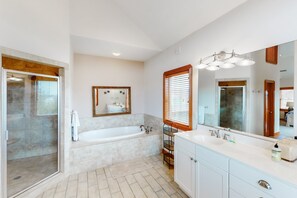 Shower, towels - Waterfront home with ocean views, private pool, hot tub, & Tesla/EV charger (Frisco)
