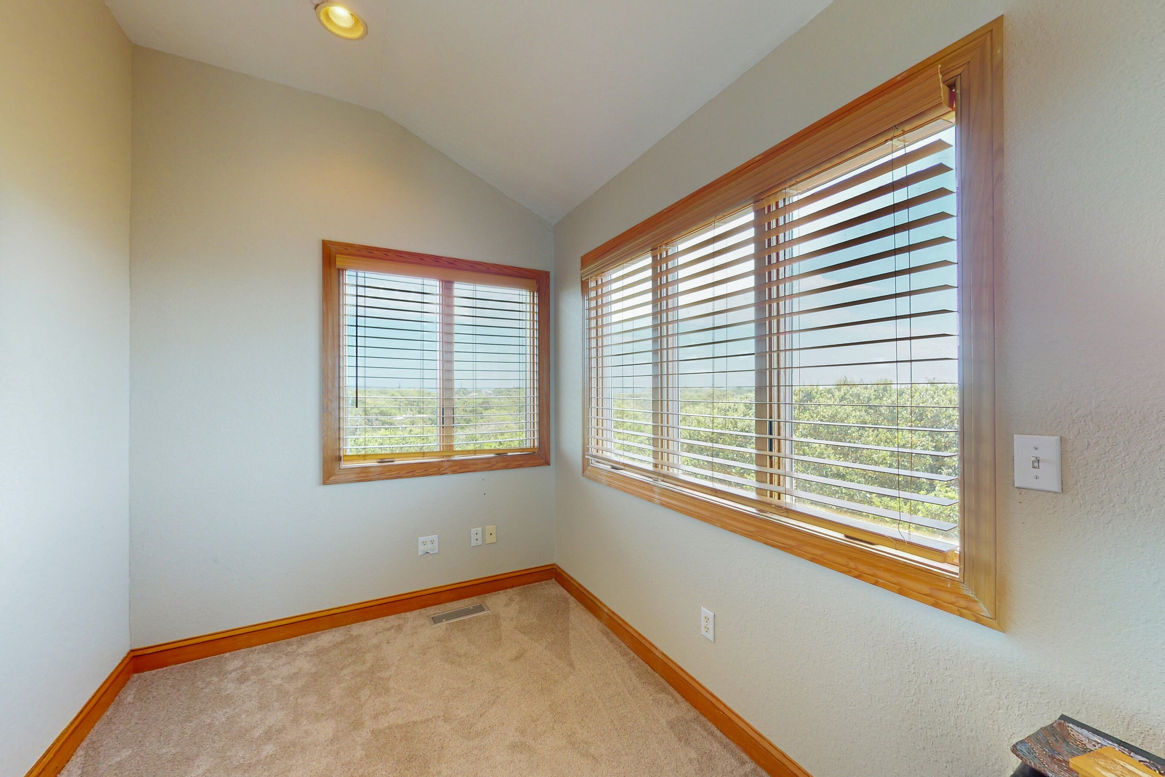 A room with two windows, carpeted floor, and a recessed ceiling light.