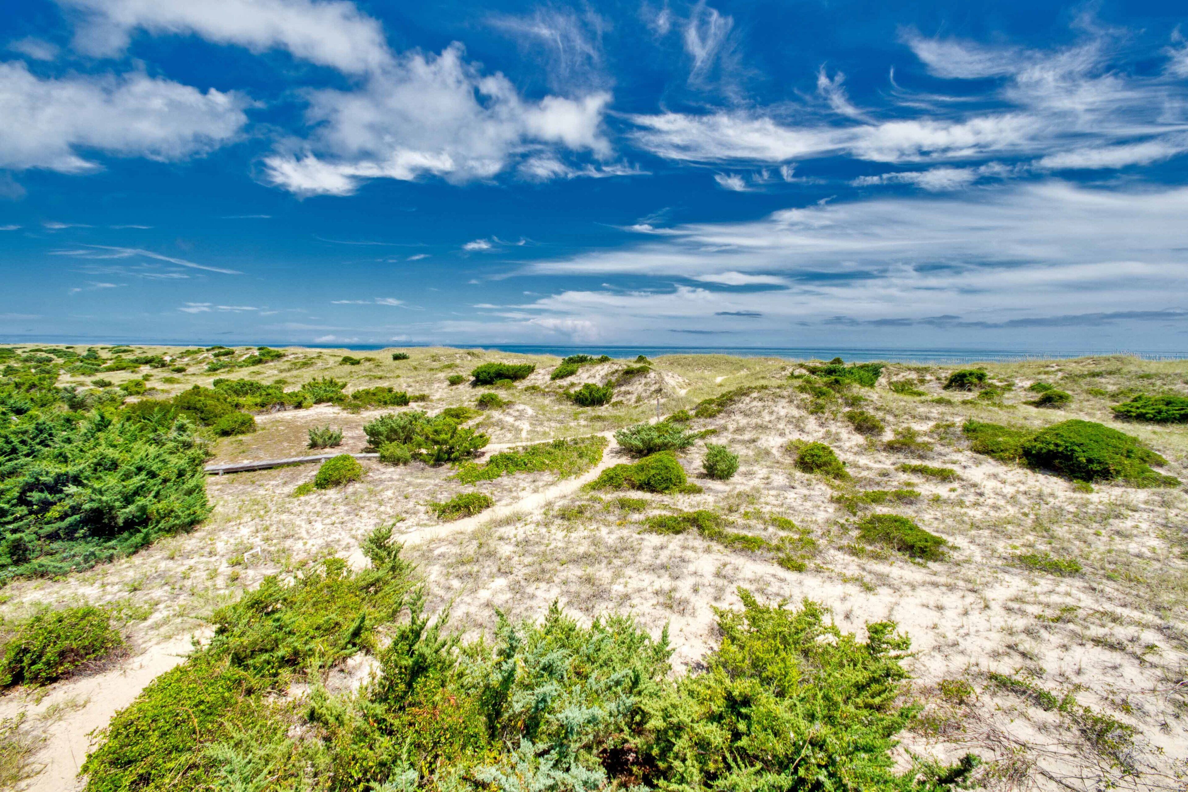 A coastal landscape with dunes, sparse vegetation, and a clear sky.