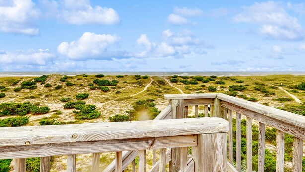 Een houten terras met uitzicht op een kustlandschap met duinen en een heldere lucht.