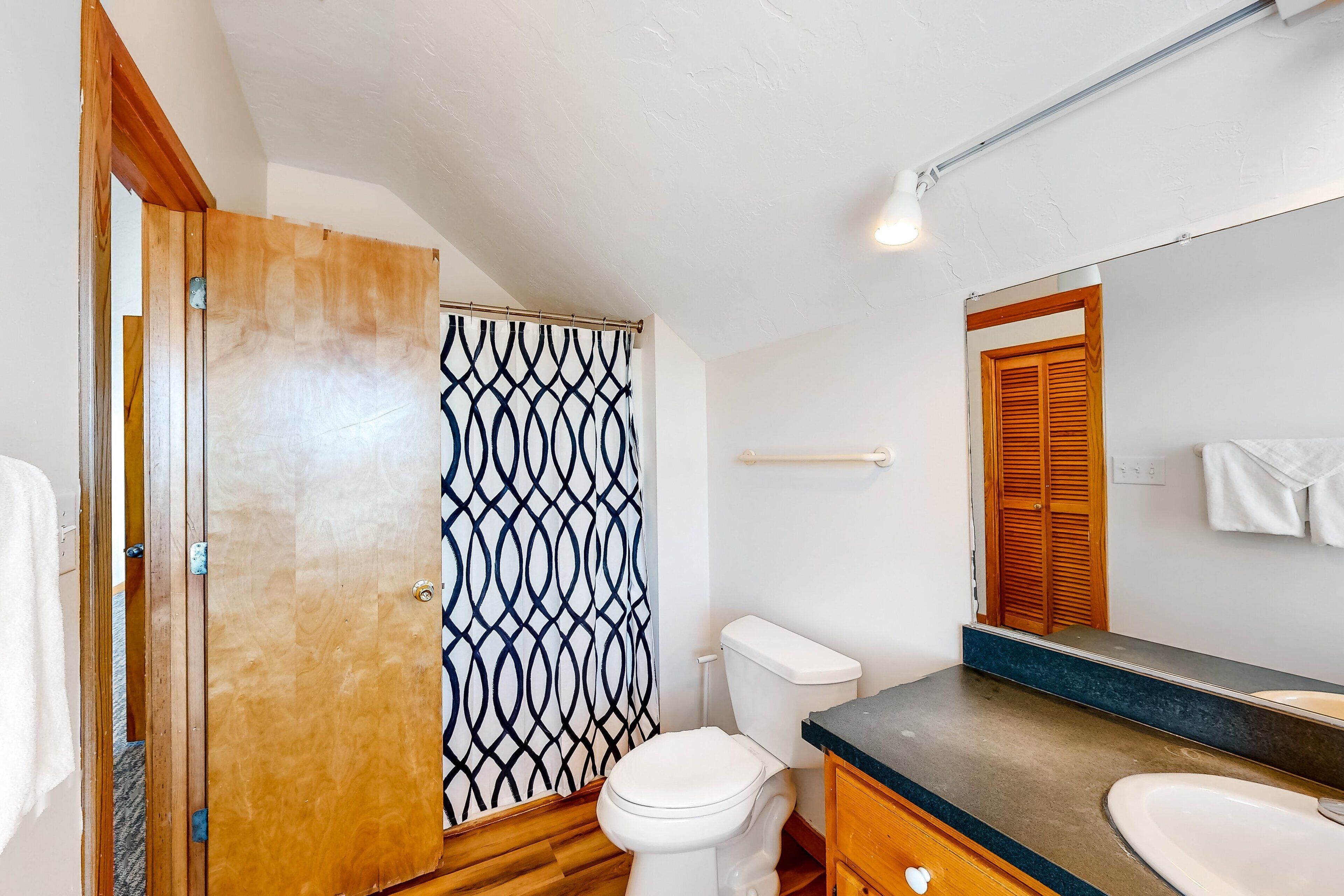 A bathroom with a wooden door, a patterned shower curtain, a white toilet, a sink with a dark countertop, and a mirror with a wooden frame.