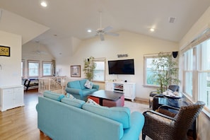 TV, DVD player, video library, stereo