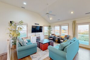 TV, DVD player, video library, stereo