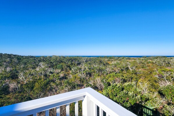 A balcony with a white railing overlooking a dense forest and a clear blue sky.