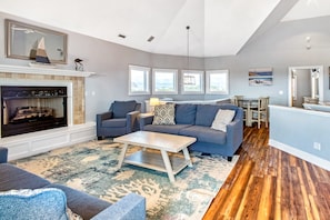 Télévision, cheminée, chaîne hi-fi