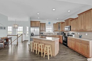 Fridge, microwave, oven, stovetop - Kraken Up: Newly Updated Oceanfront Escape with Private Pool & Hot Tub (North Topsail Beach)