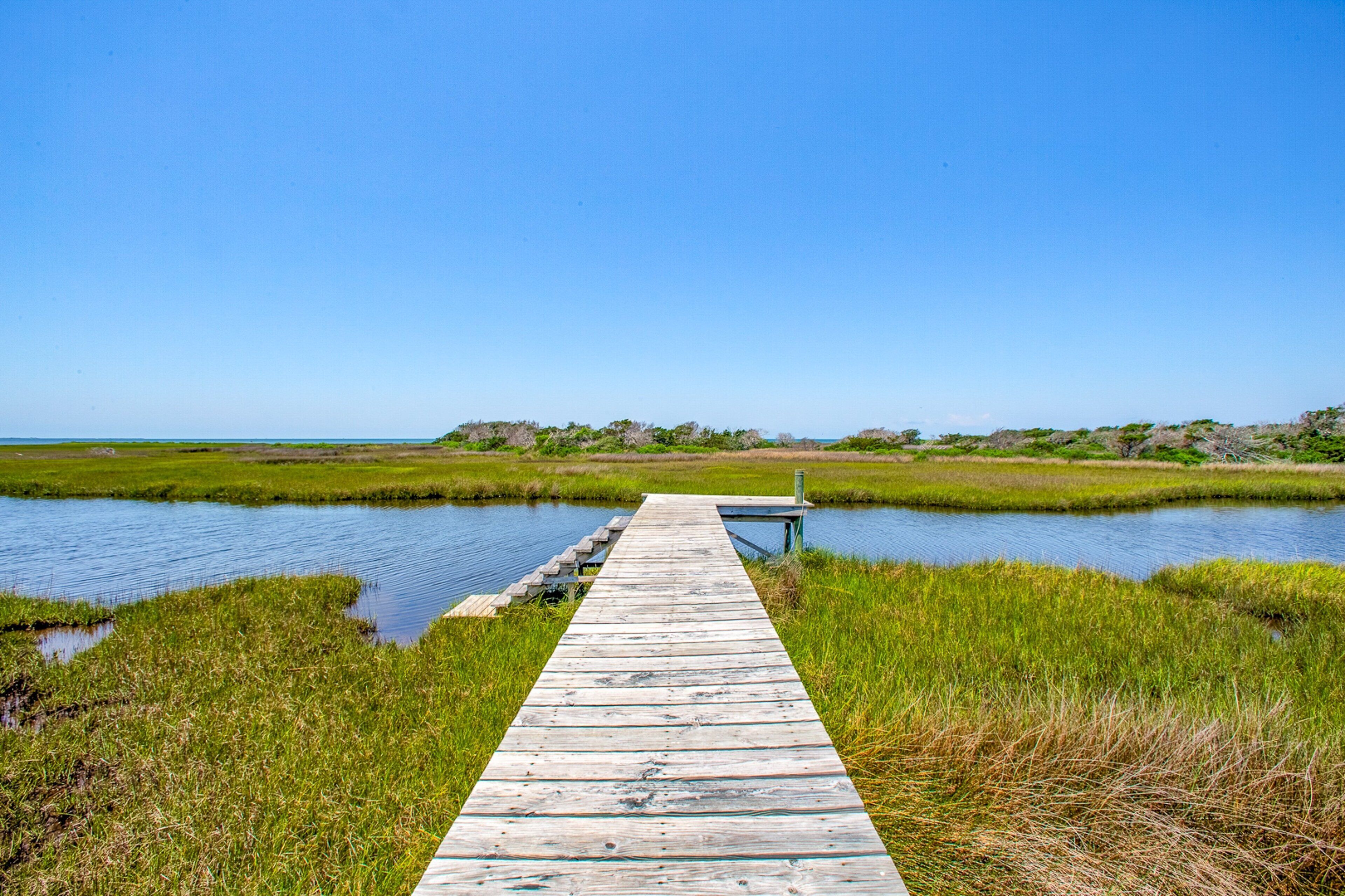 A wooden pier extending into a marshy area with water on both sides.