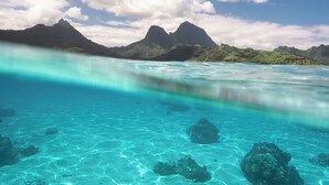 Une mer turquoise aux eaux limpides, parsemée de formations coralliennes, et un paysage montagneux sous un ciel partiellement nuageux.