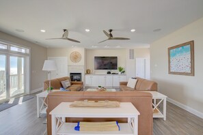 TV, fireplace, DVD player, books - Beachfront home with beach access, pool, private hot tub & ocean views (North Topsail Beach)