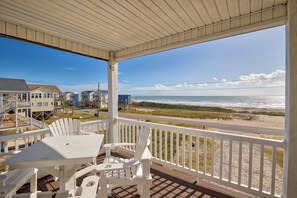 Outdoor dining - Dog-friendly sound- & beach-view home with private heated pool, decks, AC & W/D (North Topsail Beach)