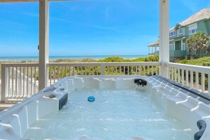 Outdoor spa tub - Ocean-view beach home with private hot tub, elevator & pool access- dog-friendly (North Topsail Beach)