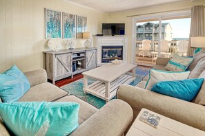 TV, fireplace, DVD player, books