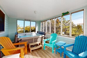 Indoor spa tub - Bright island home with pool, private hot tub, deck with views, AC, & W/D (Avon)
