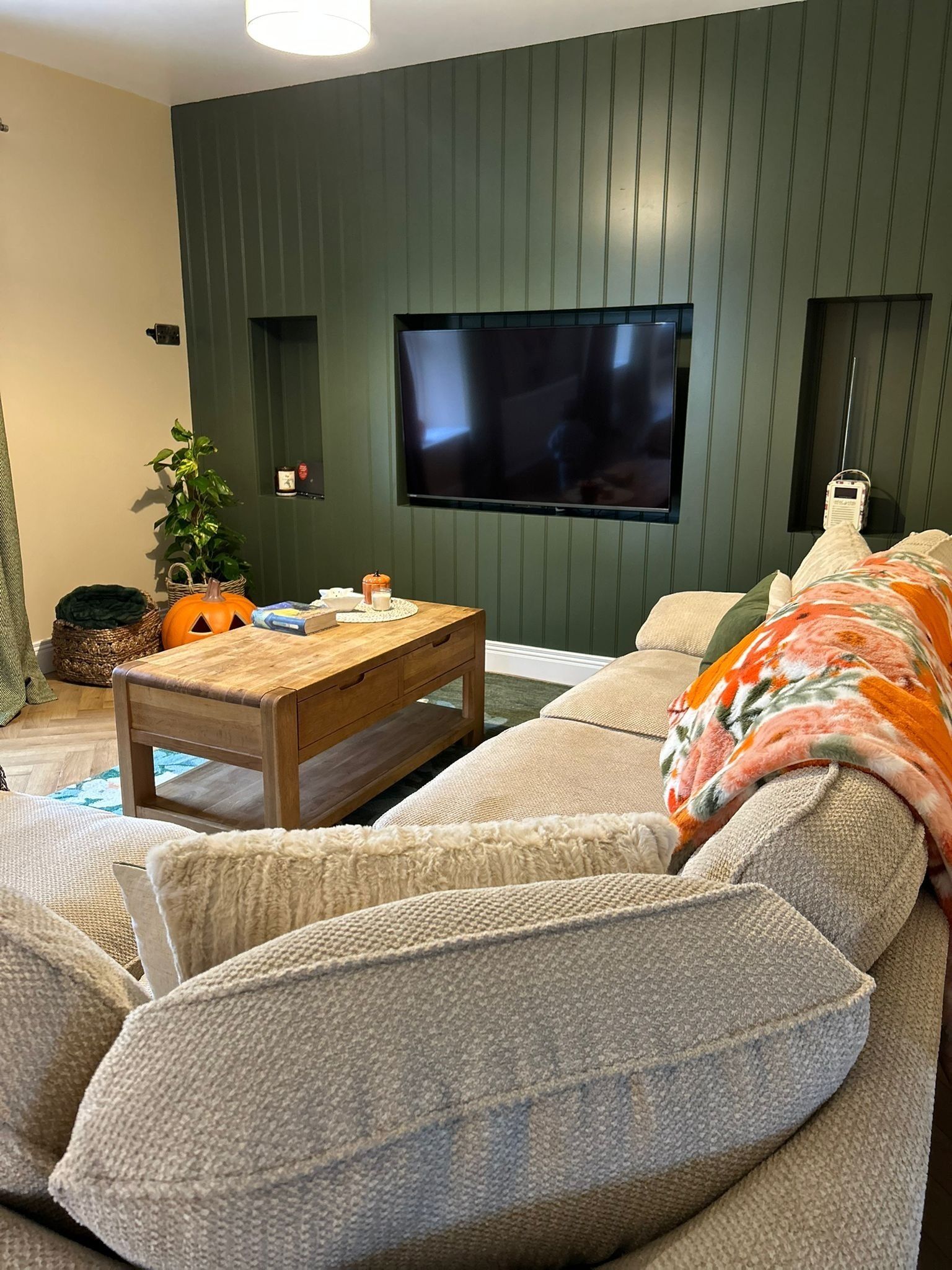 Ett vardagsrum med en soffa, ett soffbord, en tv och en växt.
