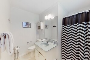 Een badkamer met een wit wastafelmeubel, een spiegel, een toilet en een douchegordijn.