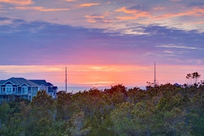 A coastal house with a balcony, surrounded by trees and power lines.