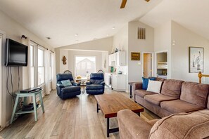 TV - Dog-friendly beachfront home with ocean views, beach access, waterfront deck (Surf City)