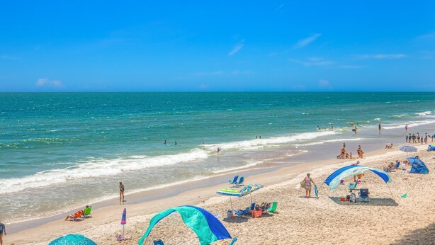 A beach with clear skies, calm waters, and several beach umbrellas and lounge chairs. - Oceanfront condo with beach views, balcony, community pool & W/D, central AC (Surf City)