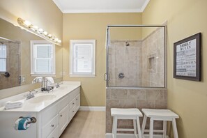 Shower, towels - Waterfront Home on Intracoastal with Private Boat Dock, Screened Porch, WiFi, AC (Holden Beach)