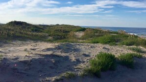 A sandy beach with dunes and a clear sky.