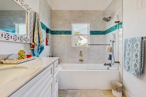 Shower, hair dryer, towels - Dog-friendly waterfront home with private boat dock and close to beach access (Holden Beach)