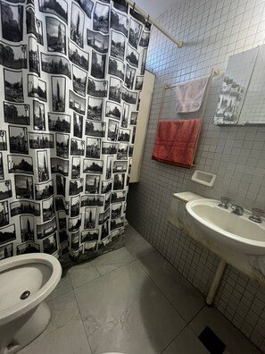 Hair dryer, bidet, towels, toilet paper