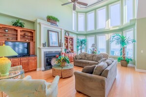 TV, fireplace, foosball, books - Oceanfront, multi-level home with beach access, views, game room, & elevator (North Topsail Beach)
