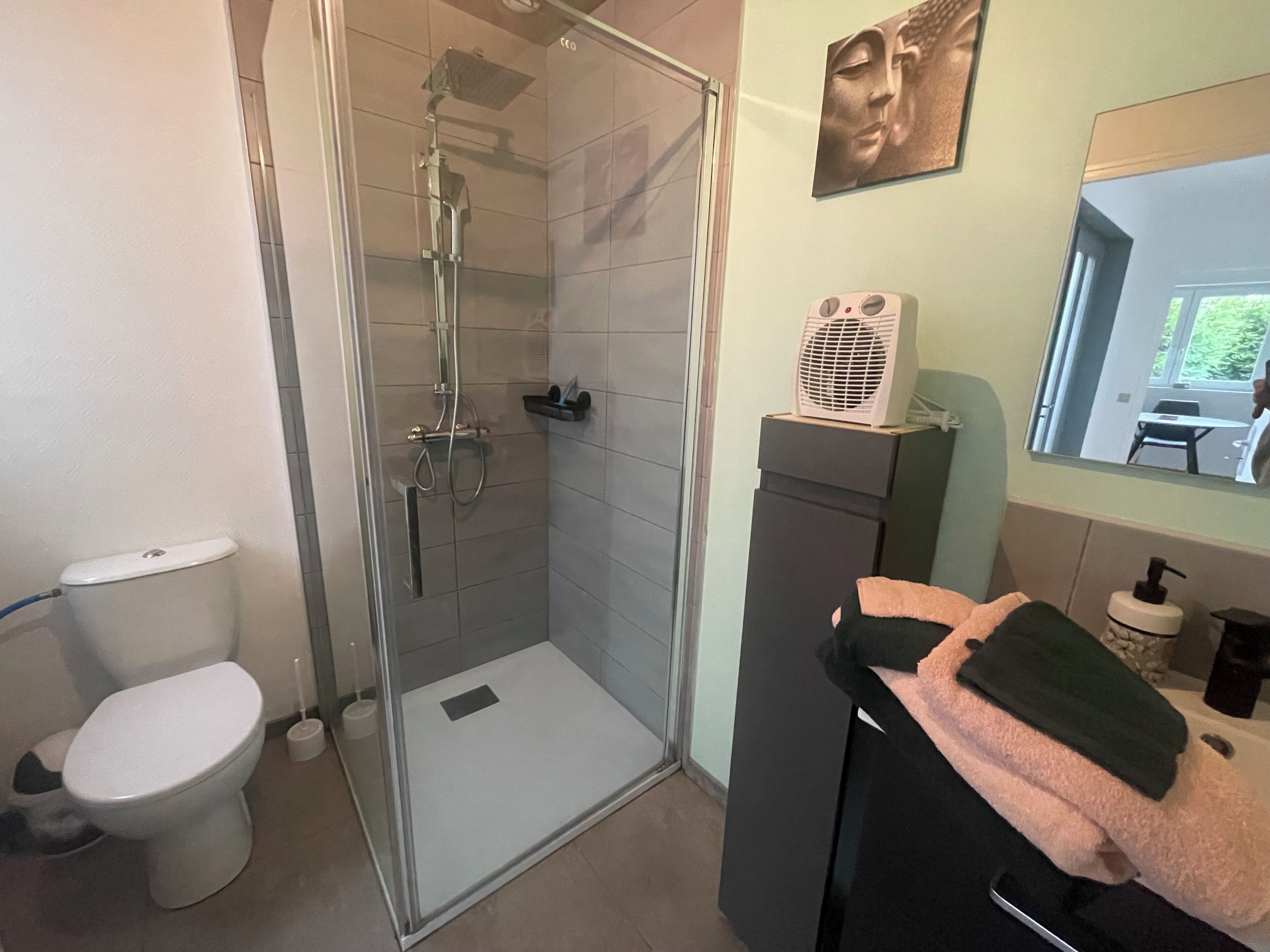シャワー、タオル、トイレットペーパー