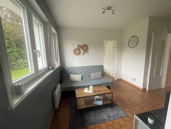 Una habitación con sofá, mesa de centro, radiador, ventana y puerta.