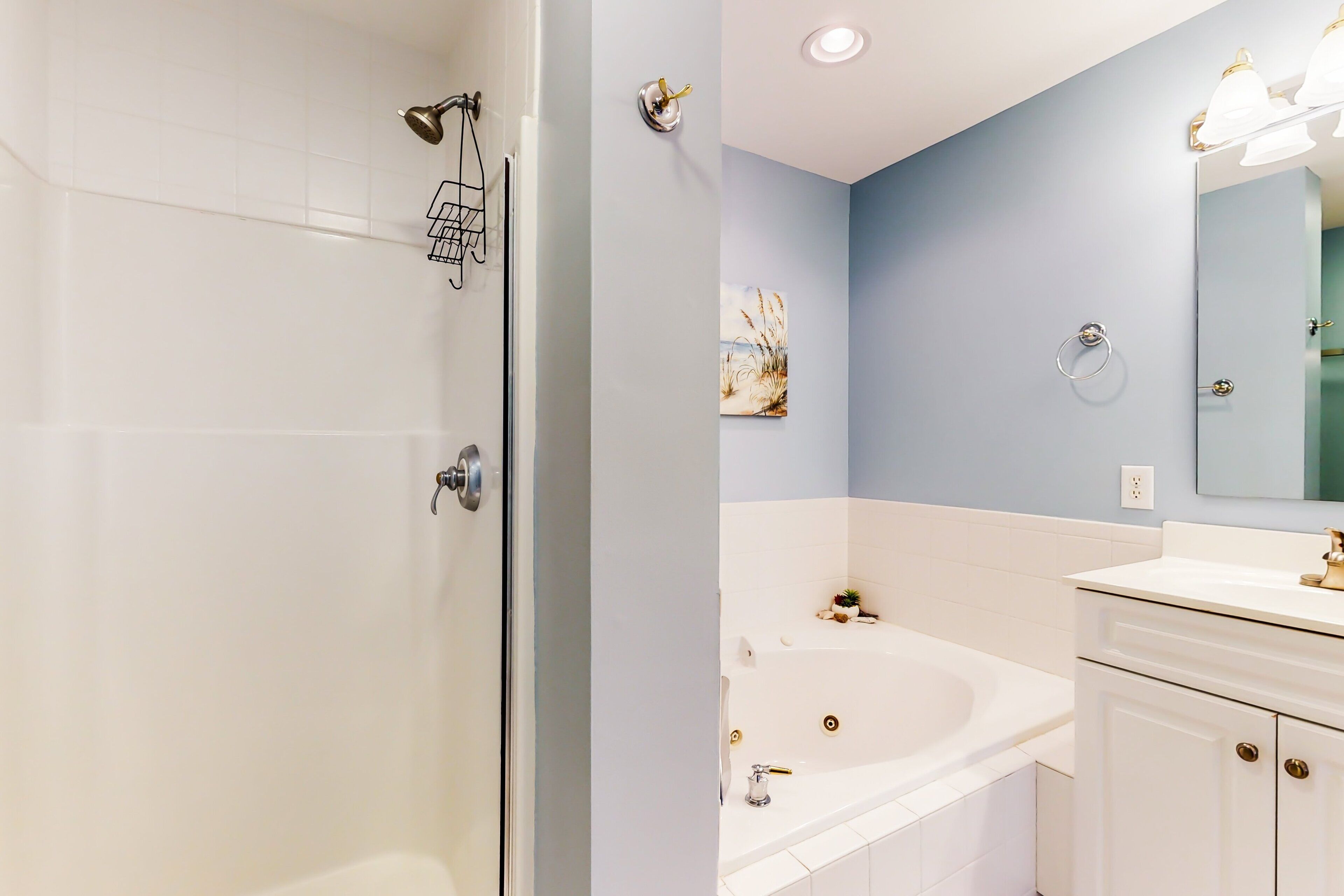 A bathroom with a shower, bathtub, and white vanity with gold fixtures.