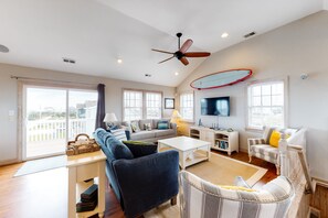 TV - Dog-friendly, ocean-view home with private pool, hot tub, & fast WiFi (Waves)