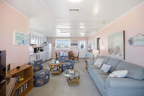 TV, DVD player, video library, stereo