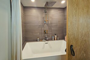 Shower, towels - Custom home on the Intracoastal with water views, pool, dock, & decks (Holden Beach)