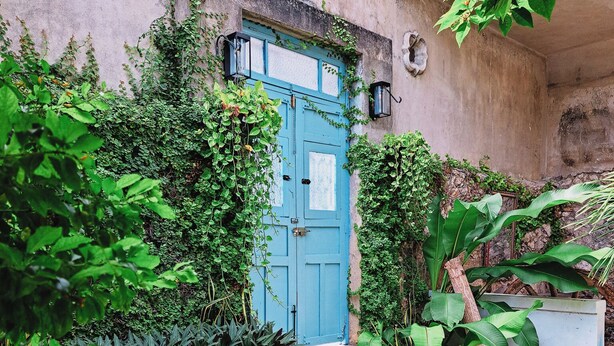 A courtyard with a blue door, a small pool, and lush greenery. - Casa Santorini: elegant stay next to La Ermita (Mérida)