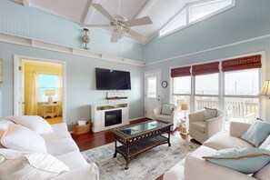 Televisión, chimenea y reproductor de DVD 